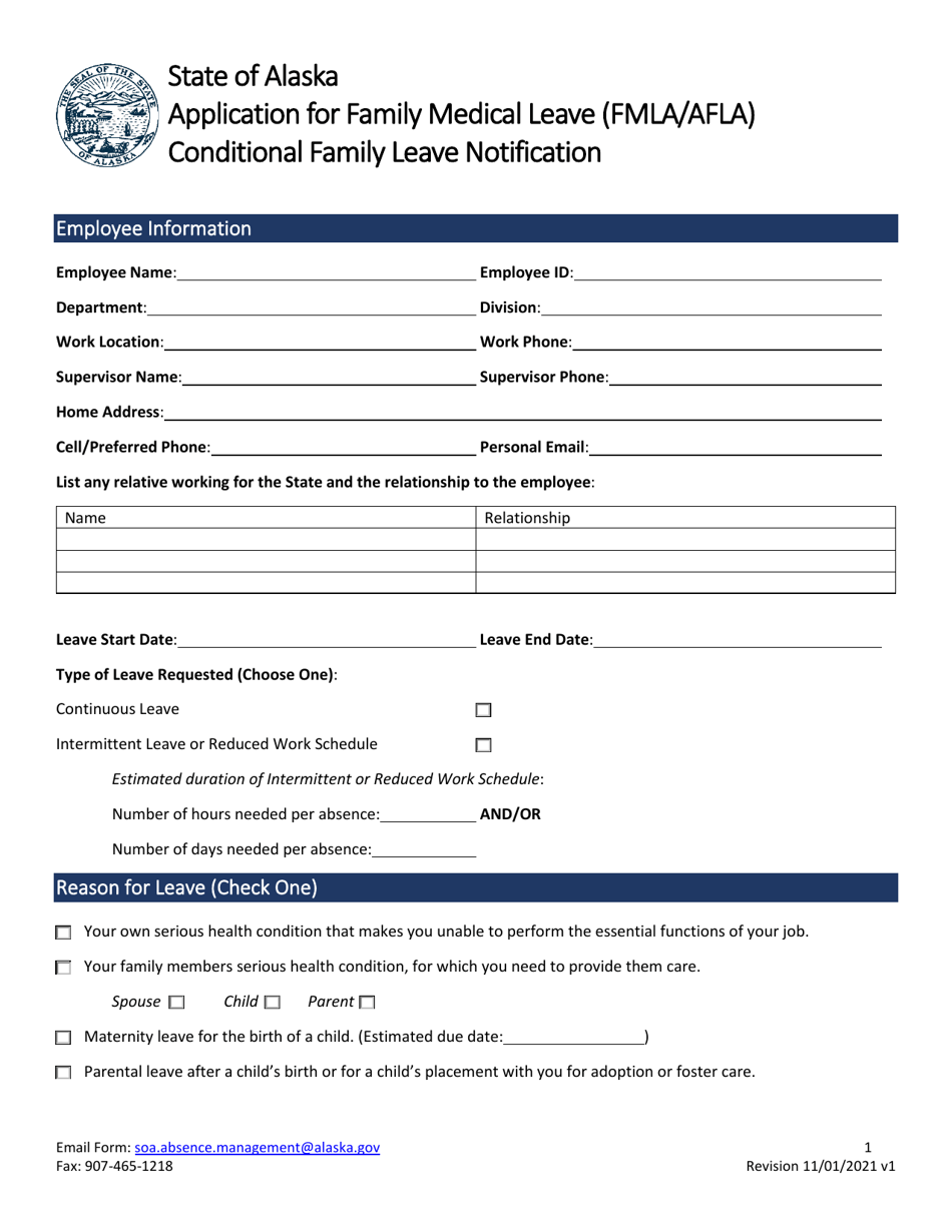 Application for Family Medical Leave (Fmla / Afla) Conditional Family Leave Notification - Alaska, Page 1