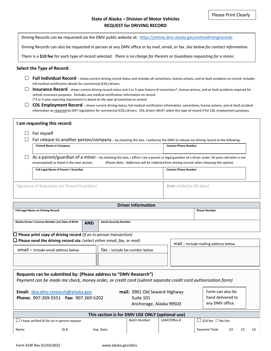 Form 419F Download Fillable PDF or Fill Online Request for Driving