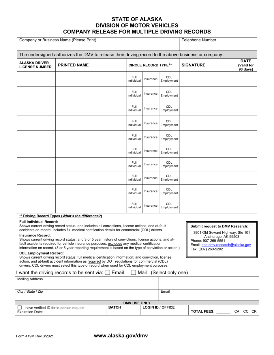 Form 419M Company Release for Multiple Driving Records - Alaska, Page 1