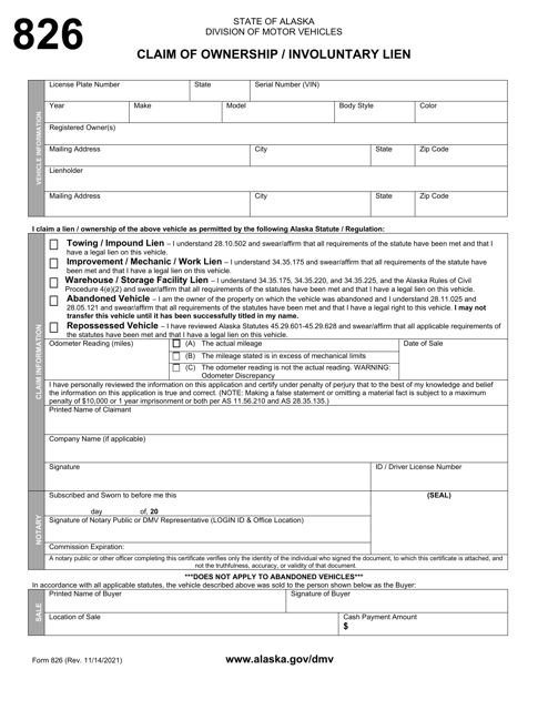 Form 826 Claim of Ownership/Involuntary Lien - Alaska