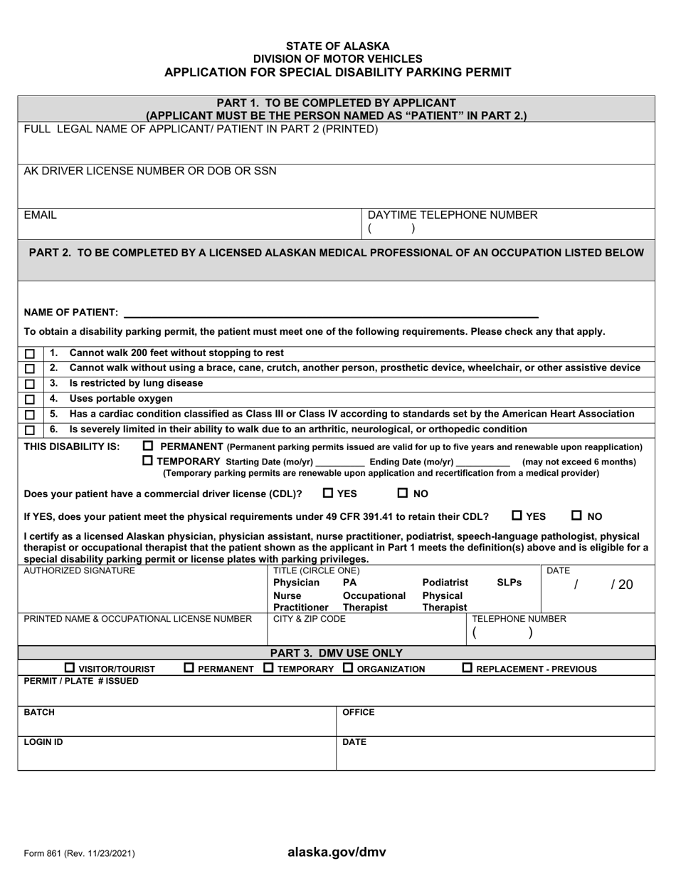 Form 861 Application for Special Disability Parking Permit - Alaska, Page 1