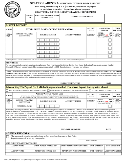 Form GAO-65 Authorization for Direct Deposit - Arizona