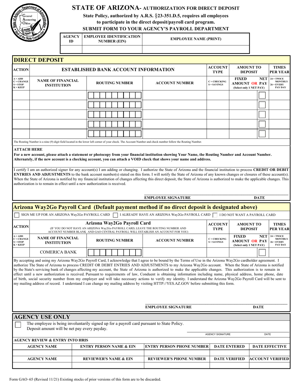 Form GAO-65 Authorization for Direct Deposit - Arizona, Page 1