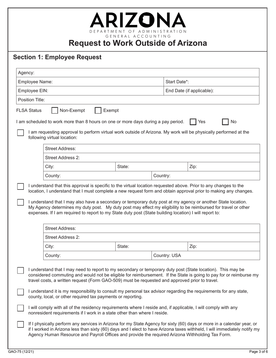 Form GAO-75 Request to Work Outside of Arizona - Arizona, Page 3