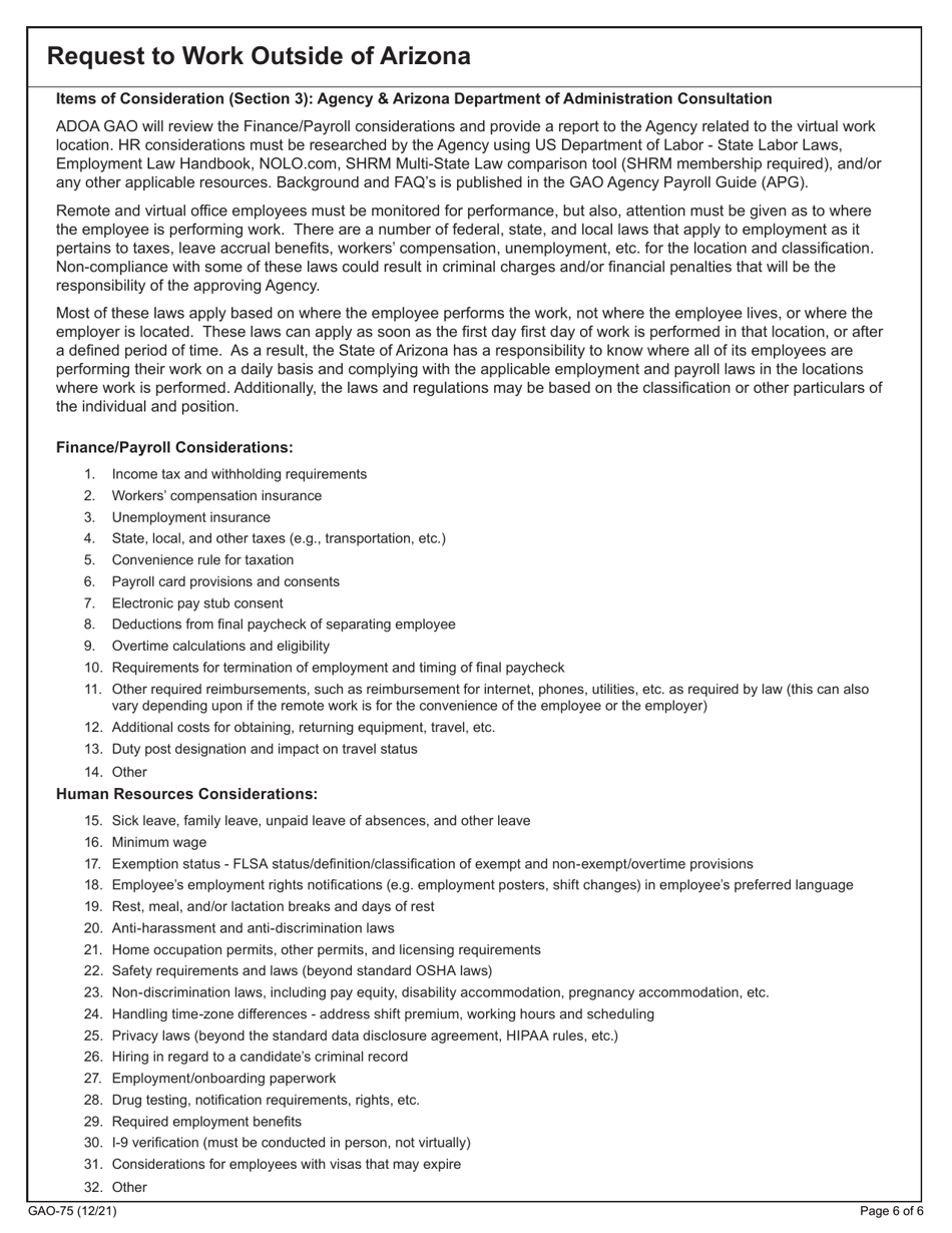 Form GAO-75 Request to Work Outside of Arizona - Arizona, Page 6