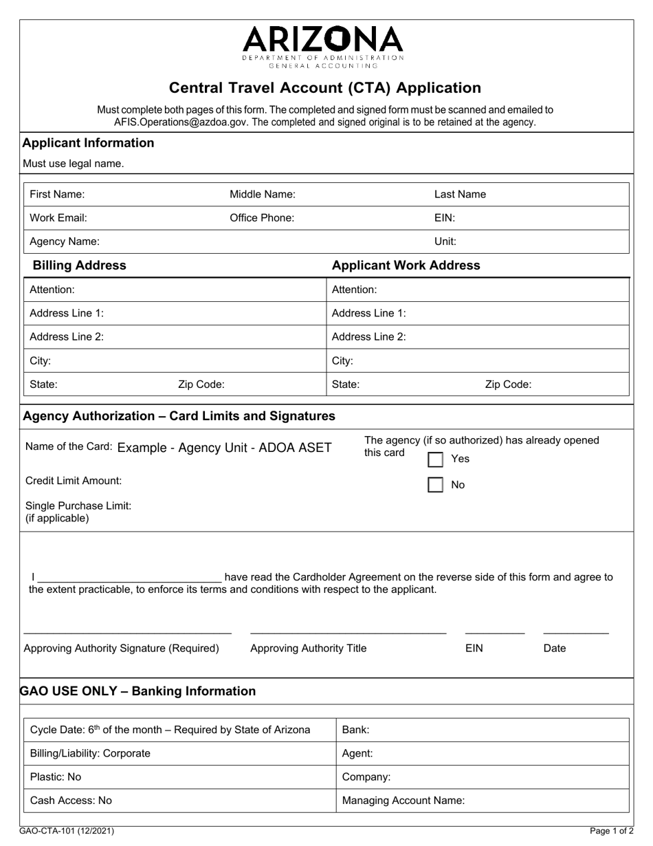 Form GAO-CTA-101 Central Travel Account (Cta) Application - Arizona, Page 1