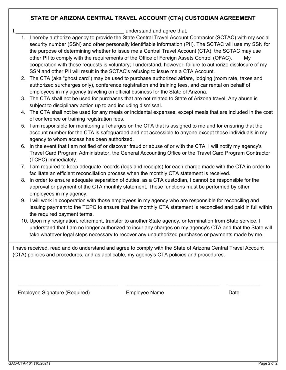Form GAO-CTA-101 Central Travel Account (Cta) Application - Arizona, Page 2