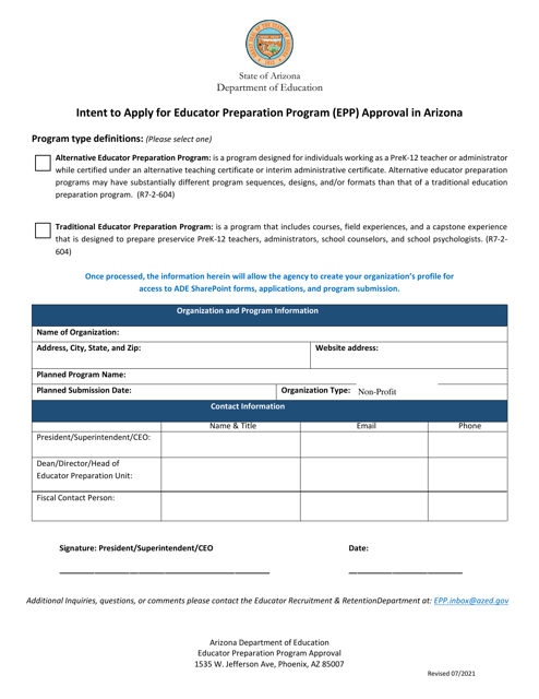 Intent to Apply for Educator Preparation Program (Epp) Approval in Arizona - Arizona Download Pdf