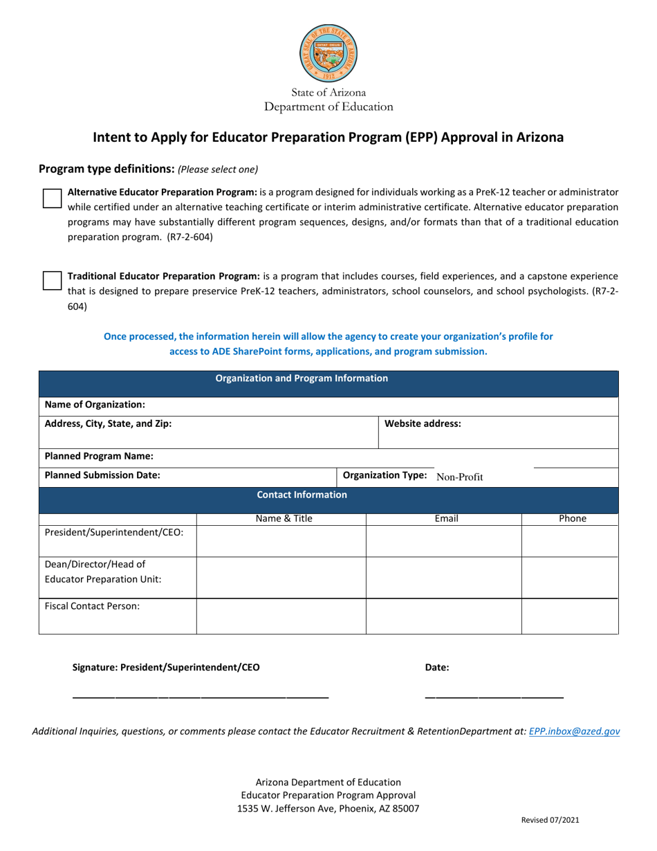 Intent to Apply for Educator Preparation Program (Epp) Approval in Arizona - Arizona, Page 1