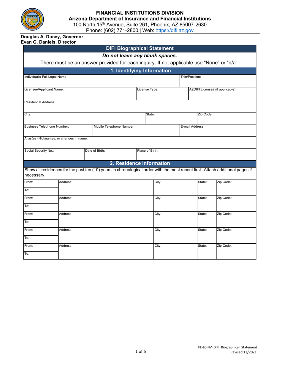 Arizona Difi Biographical Statement - Fill Out, Sign Online and ...