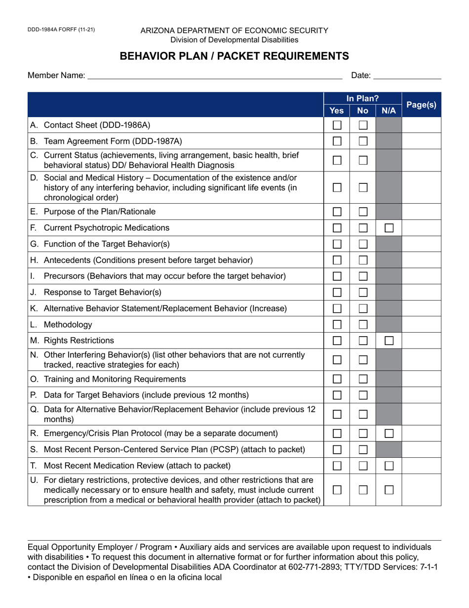 Form DDD-1984A Download Fillable PDF or Fill Online Behavior Plan ...