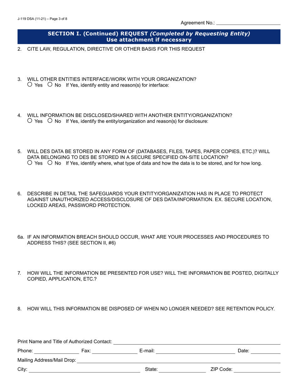 Form J-119 Data Sharing Request / Agreement - Arizona, Page 3