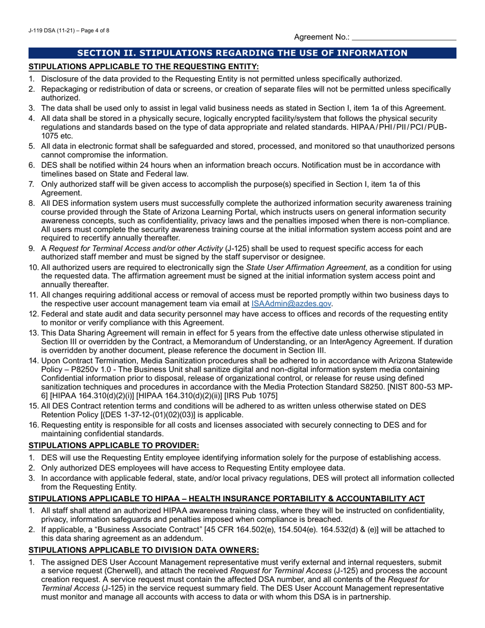 Form J-119 Data Sharing Request / Agreement - Arizona, Page 4