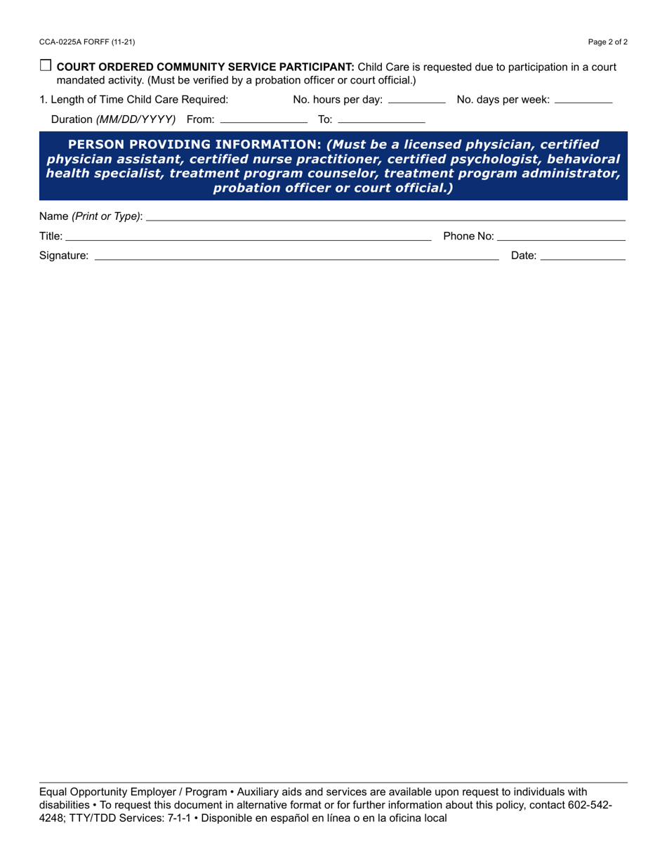 Form CCA-0225A Verification of Unable / Unavailable Status - Arizona, Page 2