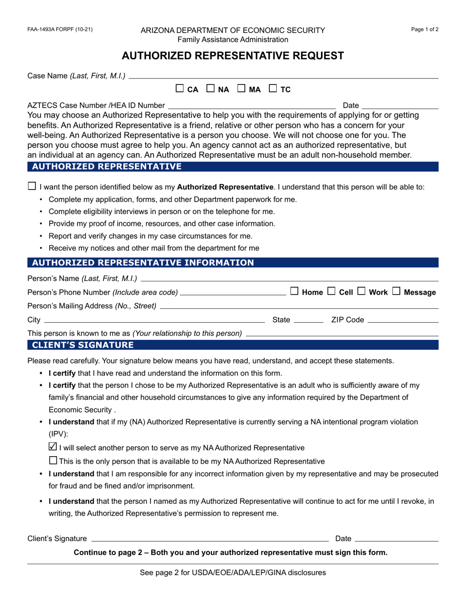 Form FAA-1493A Authorized Representative Request - Arizona, Page 1