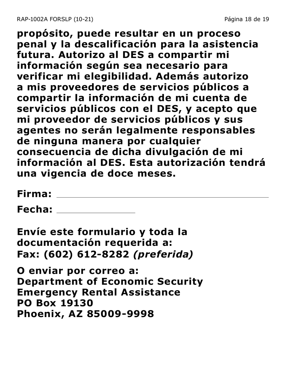 Formulario RAP-1002A-SLP Solicitud Manual Para El Programa De Asistencia De Emergencia Para El Alquiler (Letra Grande) - Arizona (Spanish), Page 18