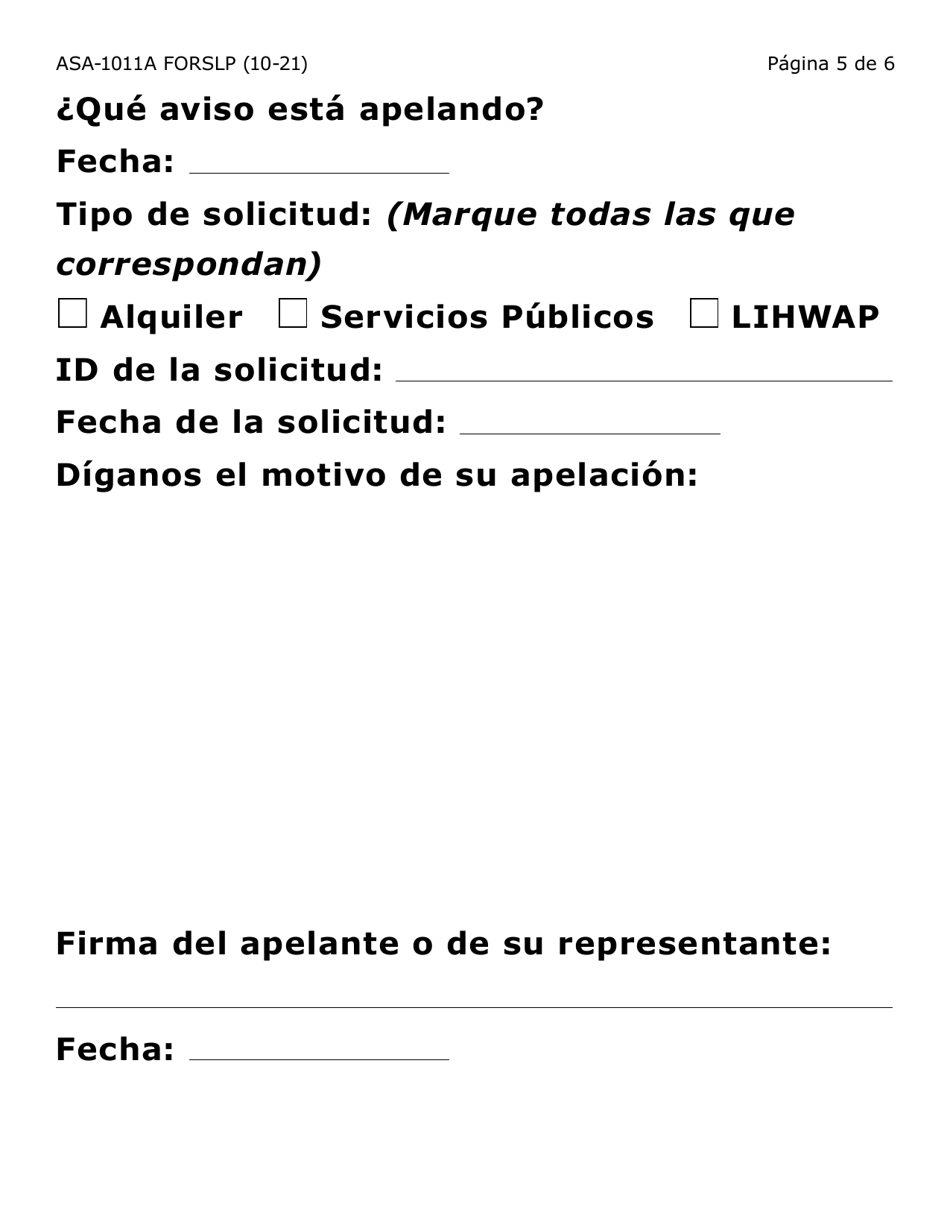 Formulario ASA-1011A-SLP Solicitud De Apelacion - Erap  Lihwap (Letra Grande) - Arizona (Spanish), Page 5