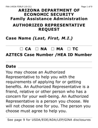 Form FAA-1493A-LP Nutrition Assistance Authorized Representative Request (Large Print) - Arizona