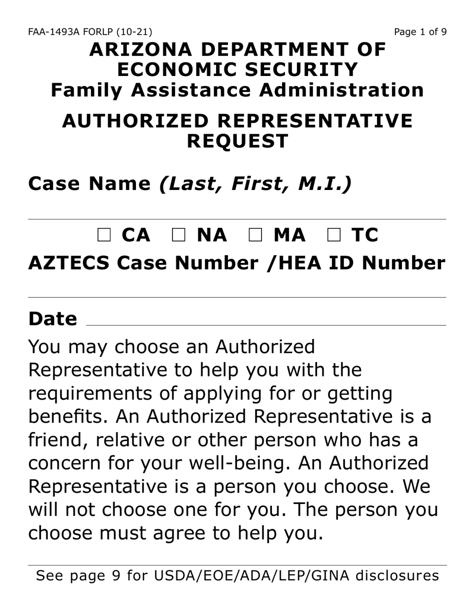 Form FAA-1493A-LP Nutrition Assistance Authorized Representative Request (Large Print) - Arizona, Page 1