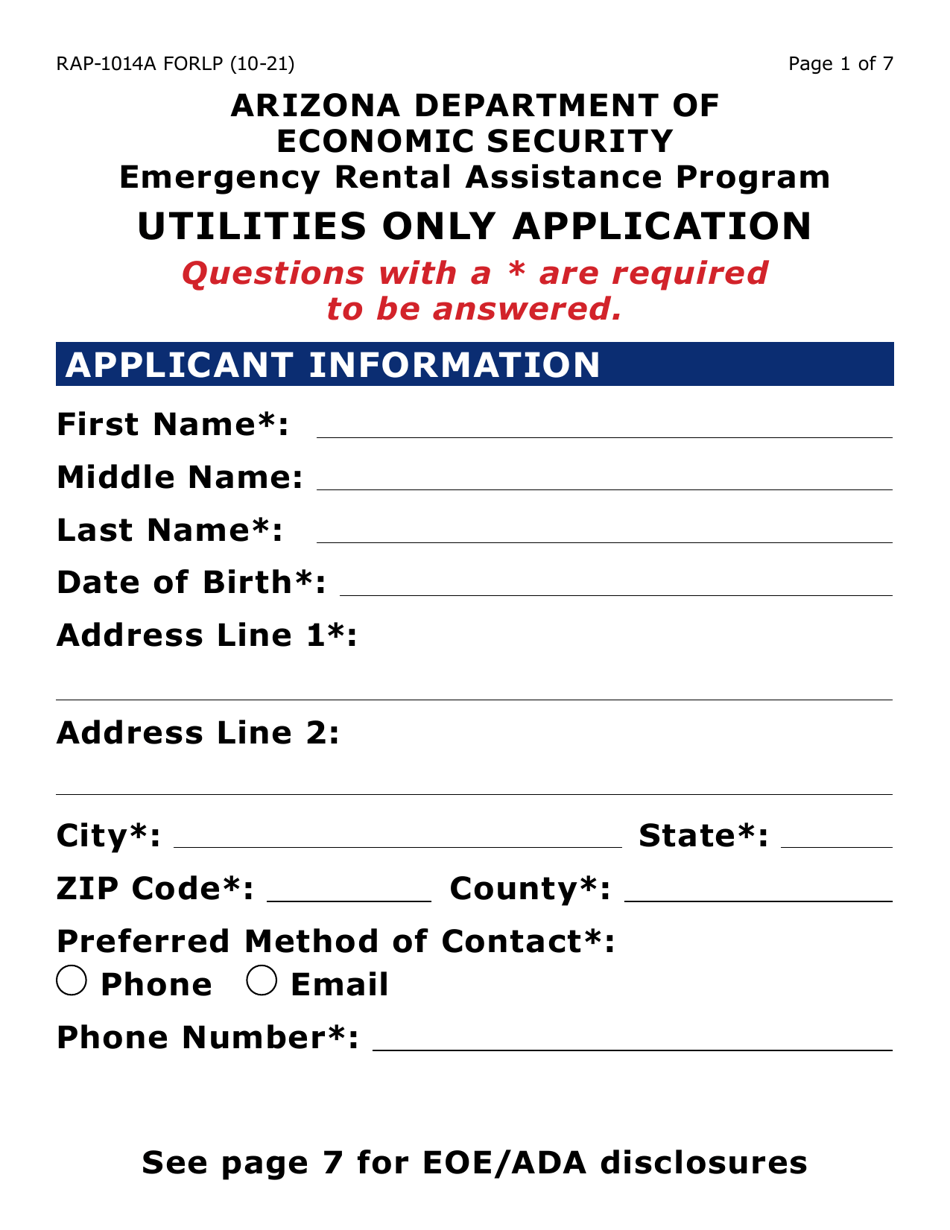 Form RAP-1014A-LP Utilities Only Application - Emergency Rental Assistance Program (Large Print) - Arizona, Page 1