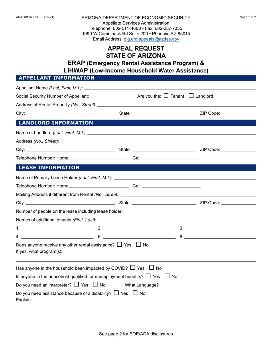 Form ASA-1011A Appeal Request - Erap (Emergency Rental Assistance Program)  Lihwap (Low-Income Household Water Assistance) - Arizona, Page 1