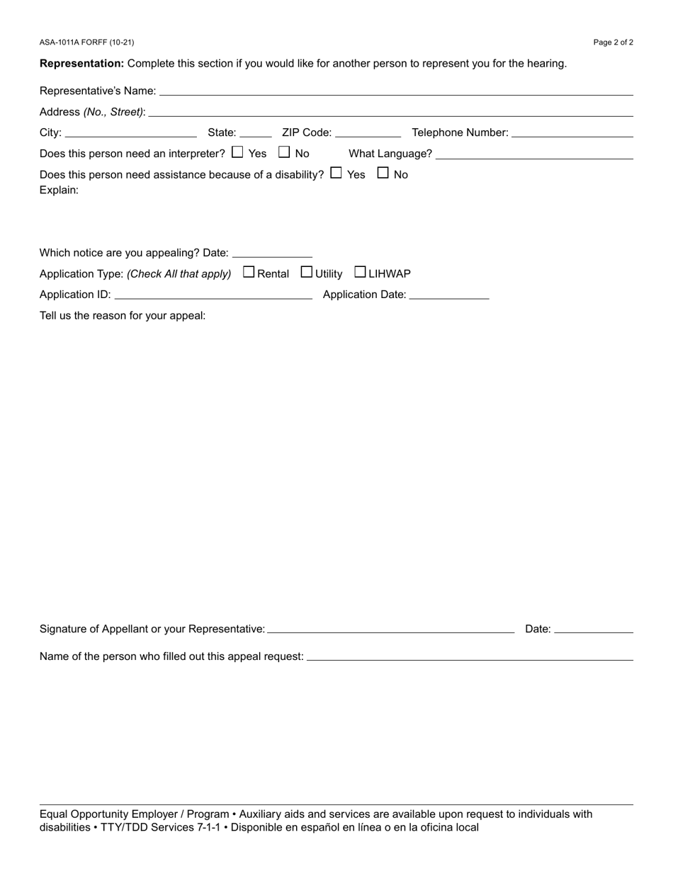 Form ASA-1011A Appeal Request - Erap (Emergency Rental Assistance Program)  Lihwap (Low-Income Household Water Assistance) - Arizona, Page 2