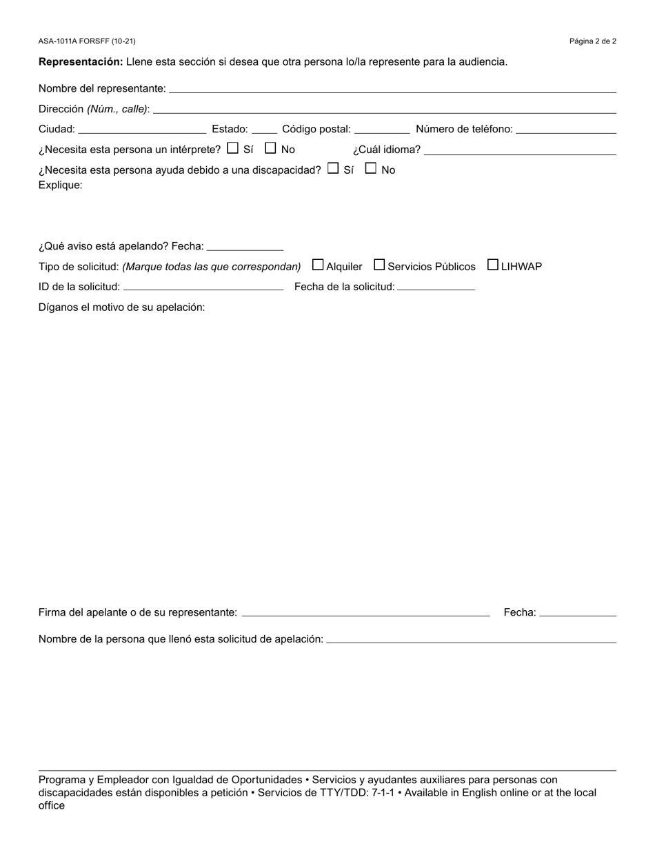 Formulario ASA-1011A-S Solicitud De Apelacion - Erap, Por Sus Siglas En Ingles (Programa De Asistencia De Emergencia Para El Alquiler) Y Lihwap, Por Sus Siglas En Ingles (Programa De Asistencia De Agua Para Hogares De Bajos Ingresos) - Arizona (Spanish), Page 2
