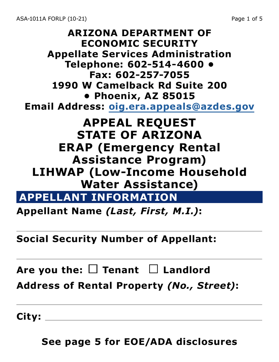 Form ASA-1011A-LP Appeal Request - Erap (Emergency Rental Assistance Program) Lihwap (Low-Income Household Water a Ssistance) (Large Print) - Arizona, Page 1