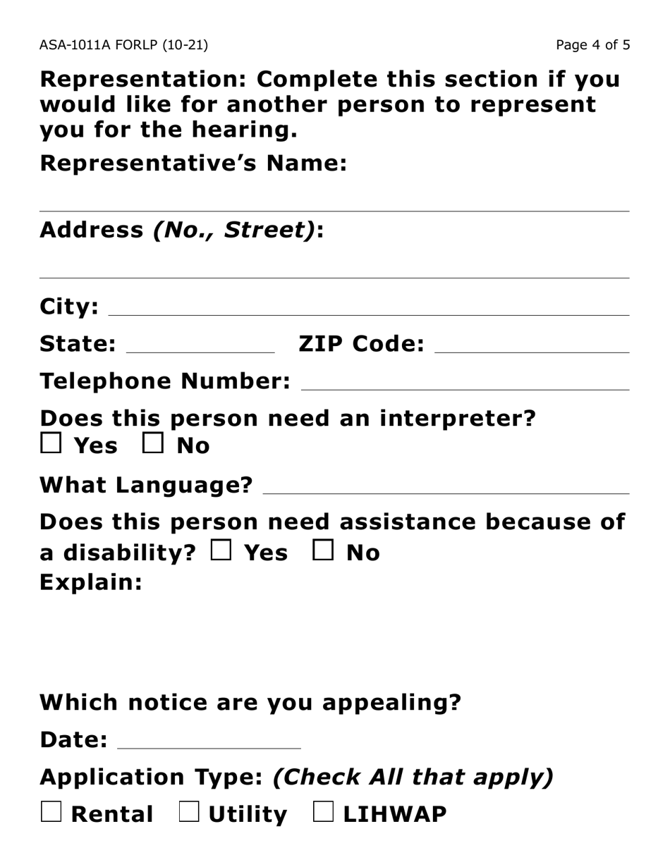 Form ASA-1011A-LP Appeal Request - Erap (Emergency Rental Assistance Program) Lihwap (Low-Income Household Water a Ssistance) (Large Print) - Arizona, Page 4