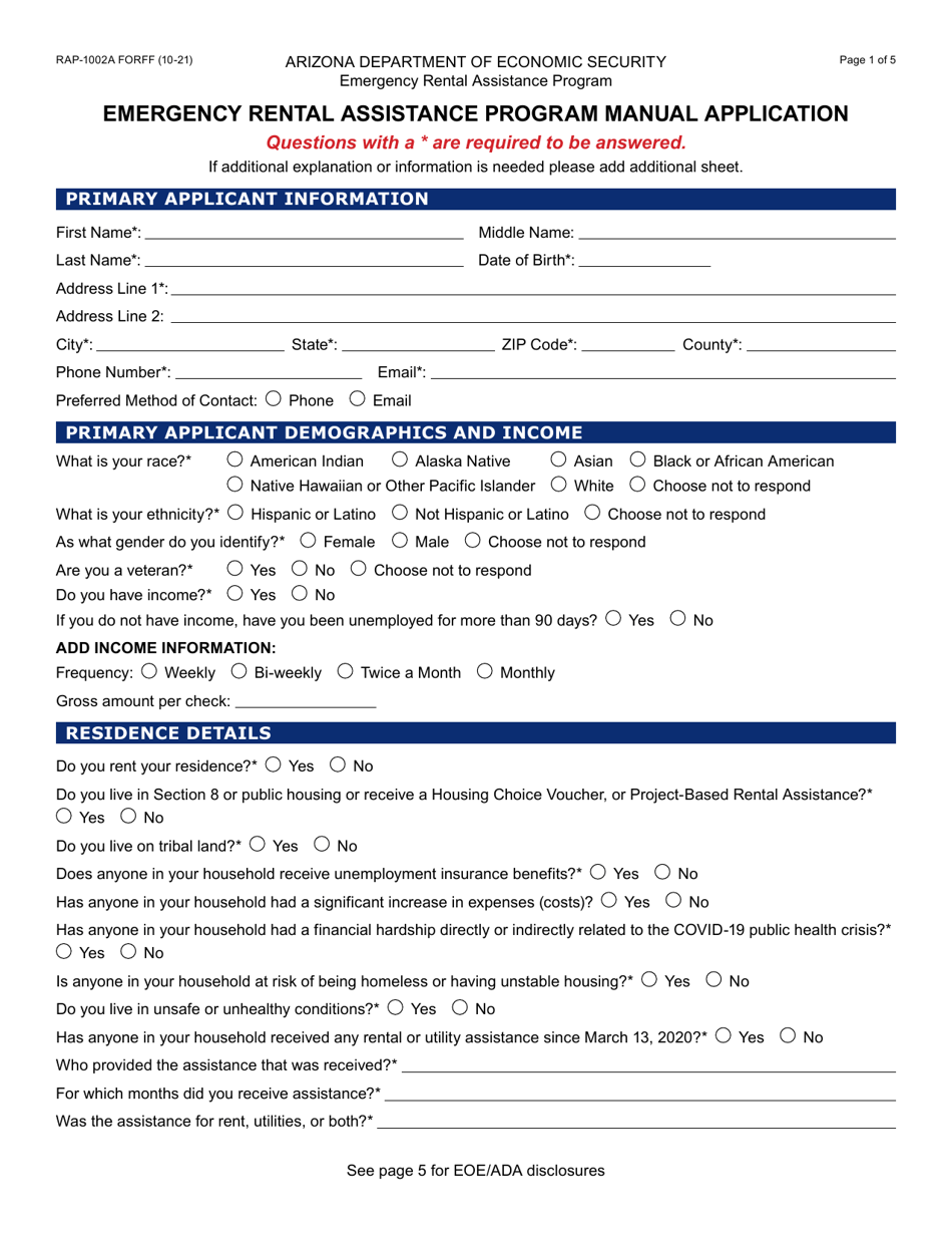 Form RAP-1002A Emergency Rental Assistance Program Manual Application - Arizona, Page 1
