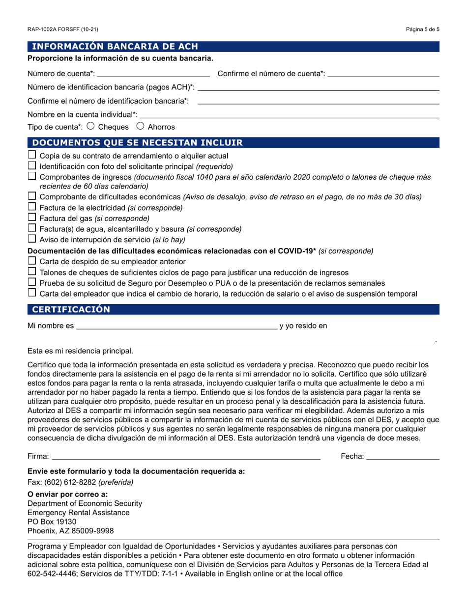 Formulario RAP-1002A-S Solicitud Manual Para El Programa De Asistencia De Emergencia Para El Alquiler - Arizona (Spanish), Page 5