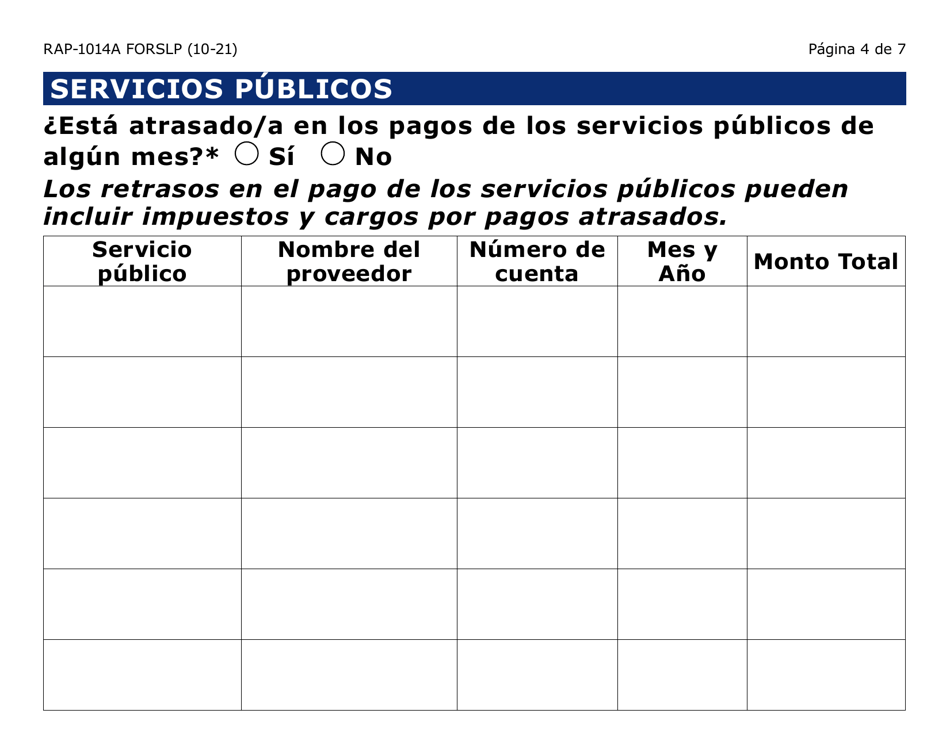 Formulario RAP-1014A-SLP Solicitud Solo Para Los Servicios Publicos (Letra Grande) - Arizona (Spanish), Page 4