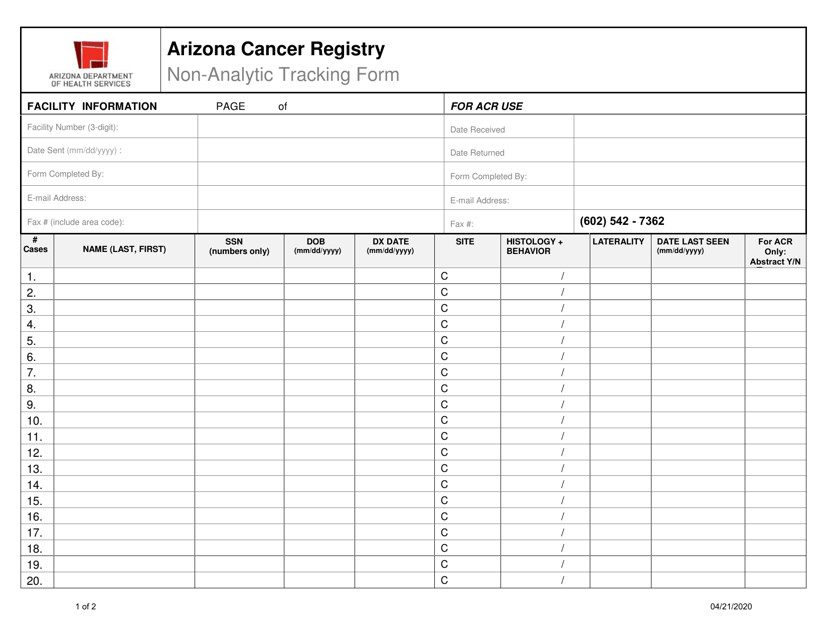 Non-analytic Tracking Form - Arizona Cancer Registry - Arizona Download Pdf