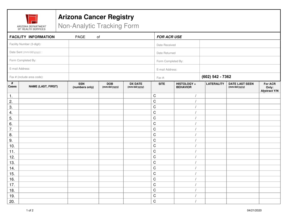 Non-analytic Tracking Form - Arizona Cancer Registry - Arizona, Page 1