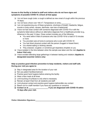 Screening Form for Visitation at Congregate Settings for Vulnerable Adults and Children - Arizona, Page 2