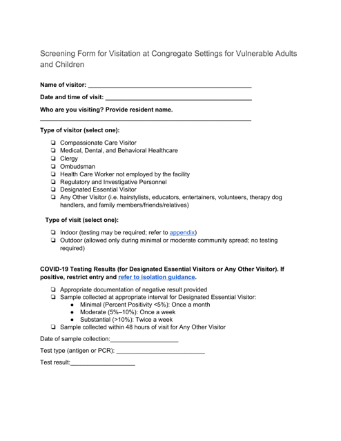 Screening Form for Visitation at Congregate Settings for Vulnerable Adults and Children - Arizona Download Pdf