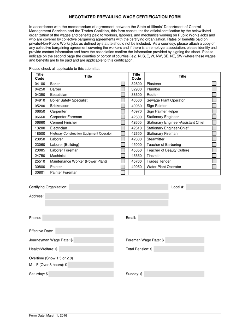 Negotiated Prevailing Wage Certification Form - Illinois, Page 2