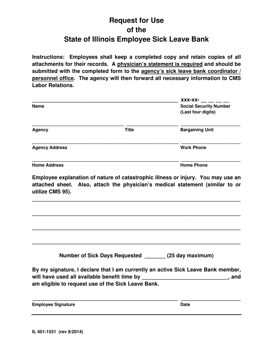 Form IL401-1531 Request for Use of the State of Illinois Employee Sick Leave Bank - Illinois, Page 1