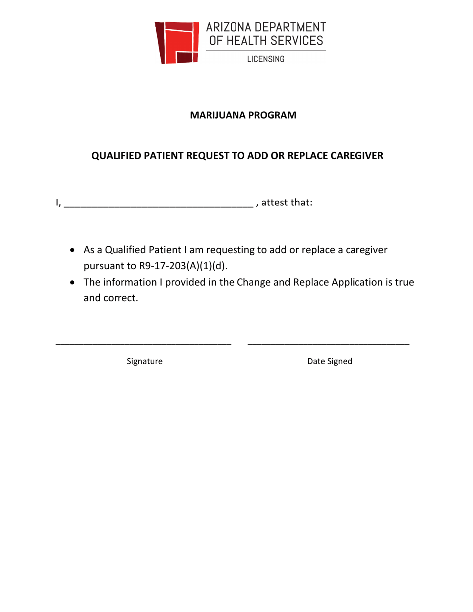 Qualified Patient Request to Add or Replace Caregiver - Medical Marijuana Program - Arizona, Page 1