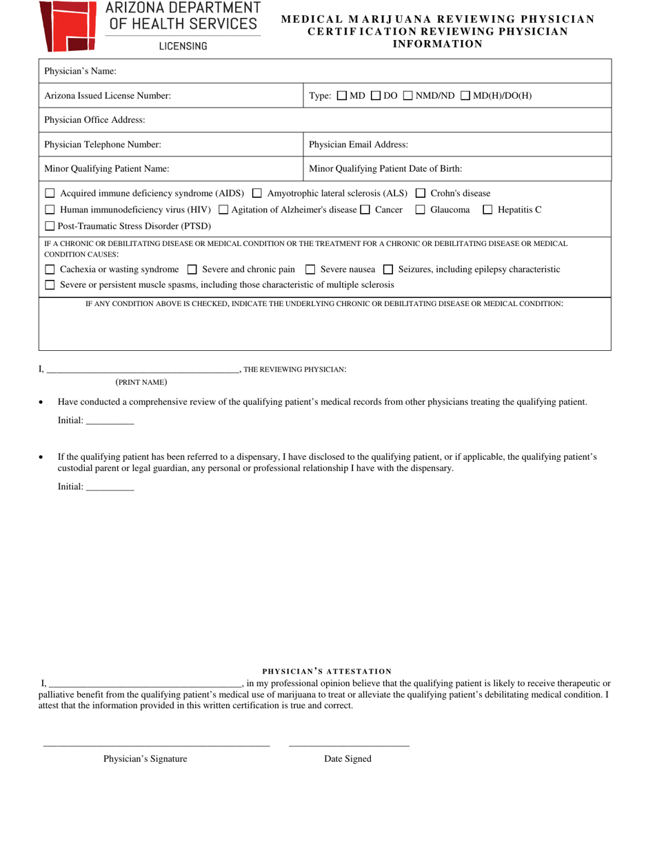 Reviewing Physician Form for Patients Under 18 - Medical Marijuana Program - Arizona, Page 1