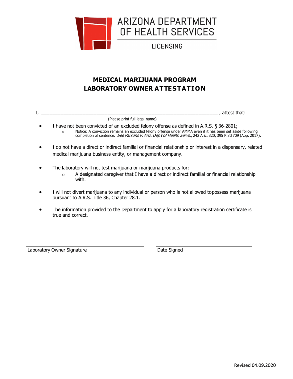 Arizona Laboratory Owner Attestation Medical Marijuana Program Fill