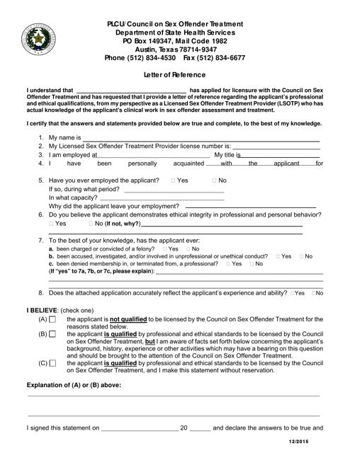 Letter of Reference - Plcu / Council on Sex Offender Treatment - Texas Download Pdf