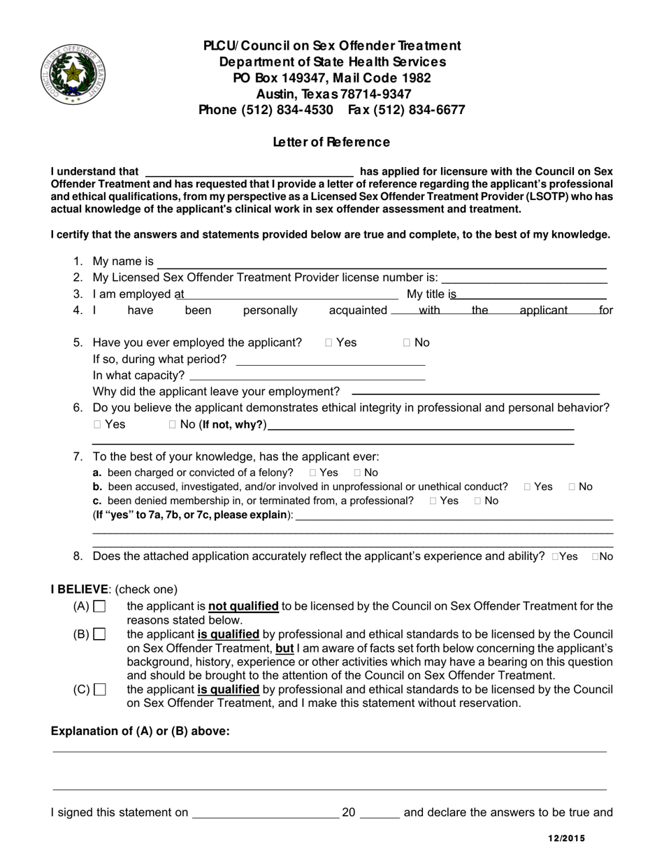 Letter of Reference - Plcu / Council on Sex Offender Treatment - Texas, Page 1