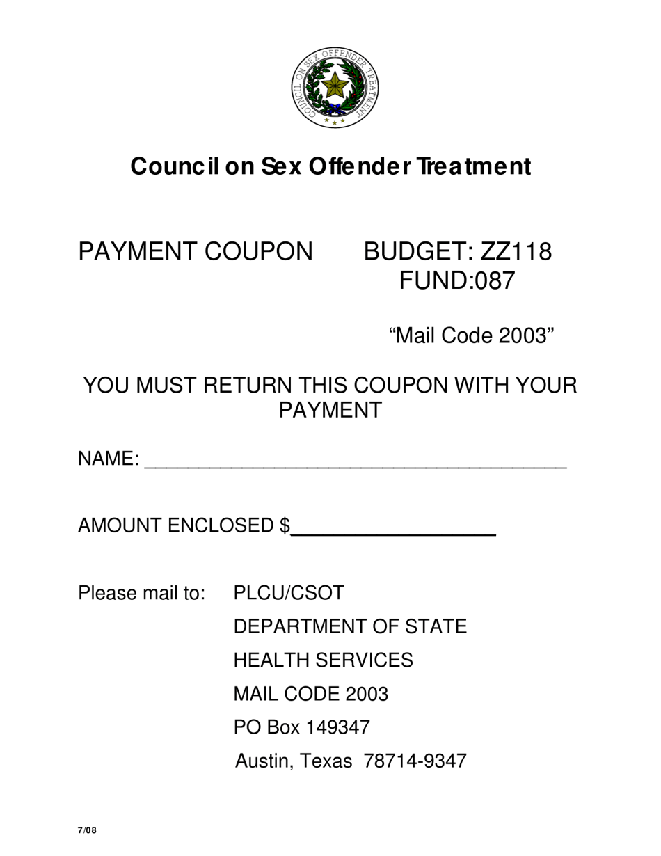 Payment Coupon - Council on Sex Offender Treatment - Texas, Page 1