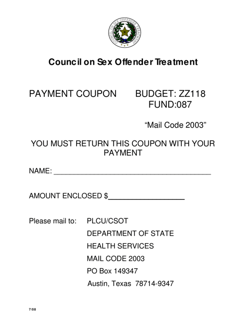 Payment Coupon - Council on Sex Offender Treatment - Texas Download Pdf