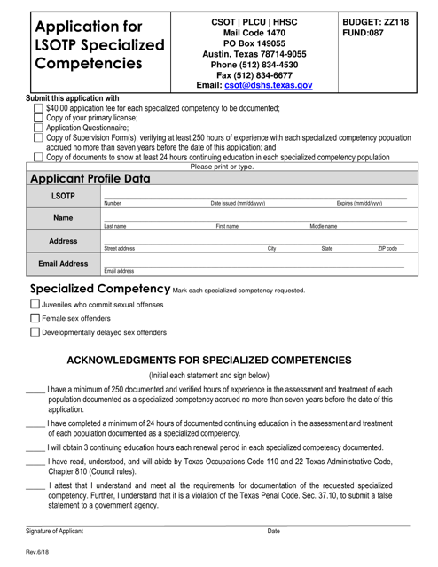 Application for Lsotp Specialized Competencies - Texas Download Pdf