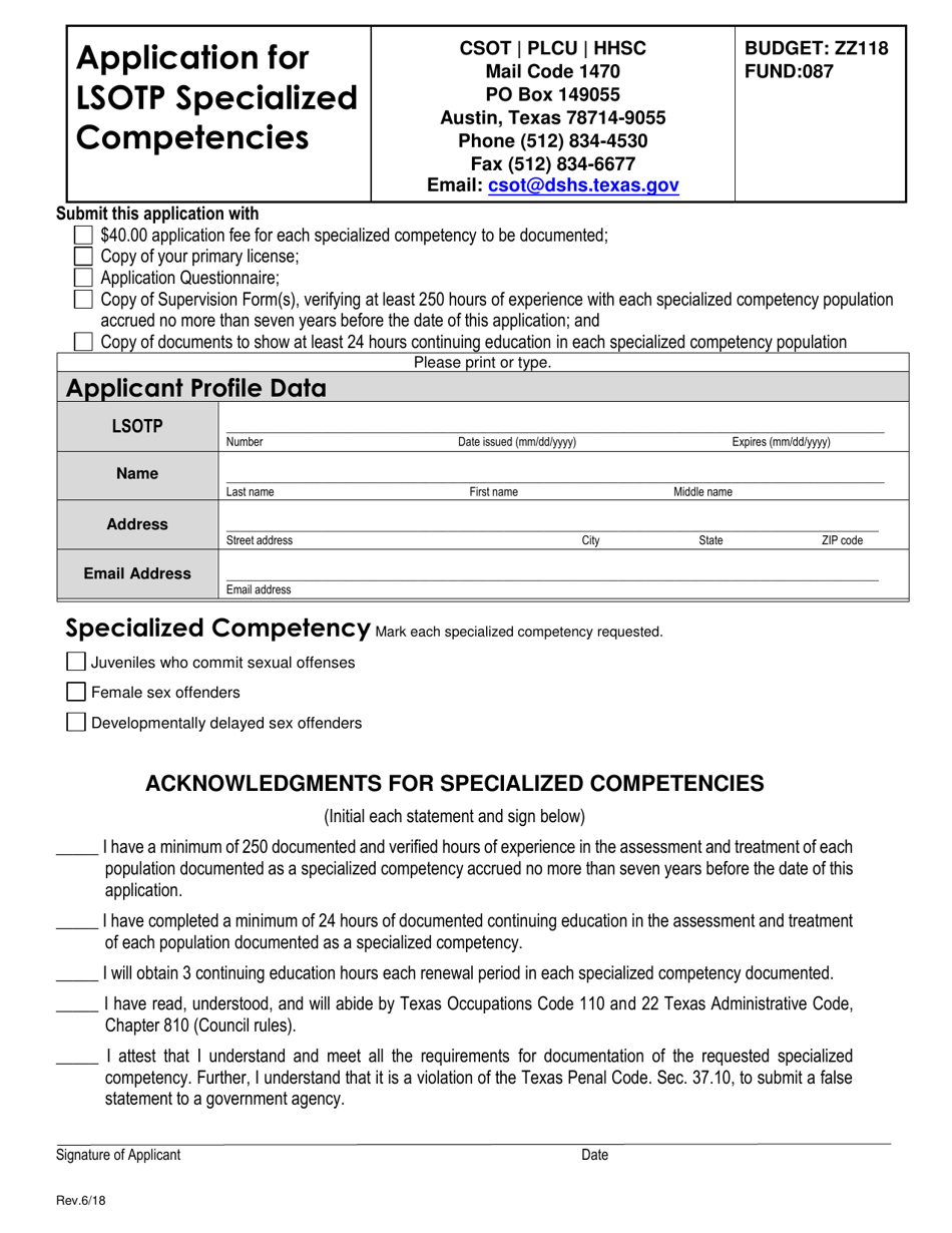 Application for Lsotp Specialized Competencies - Texas, Page 1