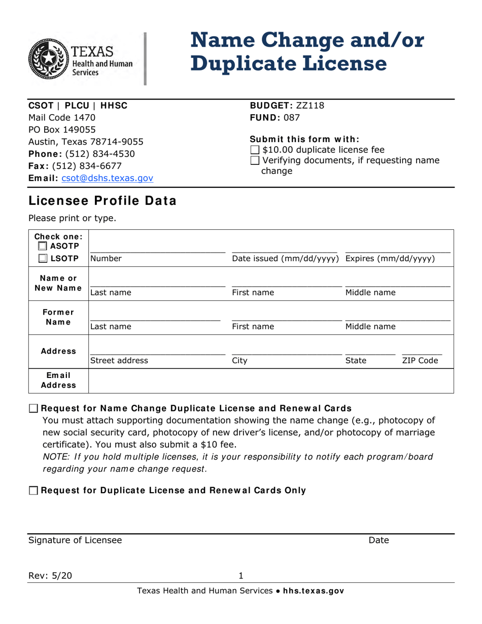 Name Change and / or Duplicate License - Texas, Page 1
