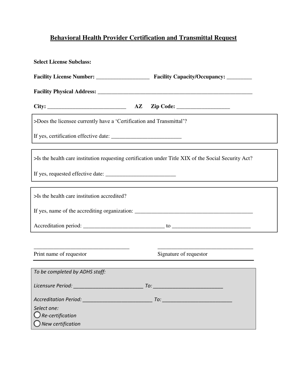Behavioral Health Provider Certification and Transmittal Request - Arizona, Page 1