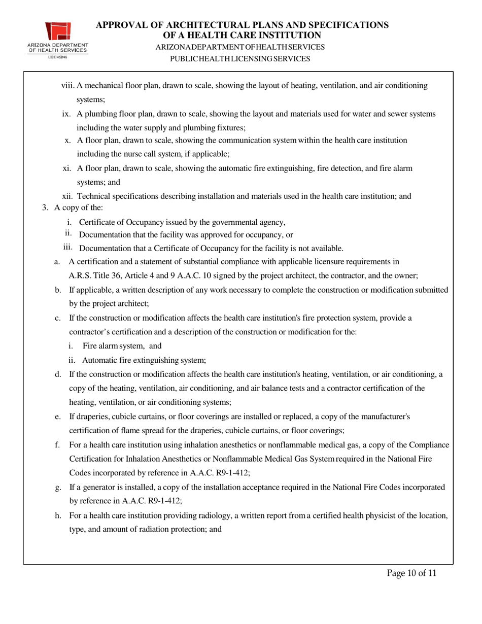 Approval of Architectural Plans and Specifications of a Health Care Institution - Arizona, Page 10